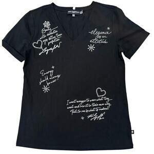 Karl Lagerfeld Paris NWOT Women's V-Neck T-Shirt Flawed Black Silver, XS